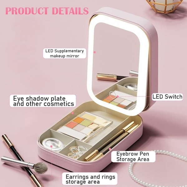 \"QD\" Makeup Rejsetaske med LED-spejl, bærbar kosmetiktaske med 3 farver justerbar lysstyrke makeup spejl