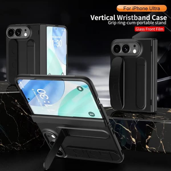 Fodral för iPhone Duo Foldable 2026 med inbyggt skärmskydd, dolt stativ, gångjärnsskydd, magnetisk ring, grå