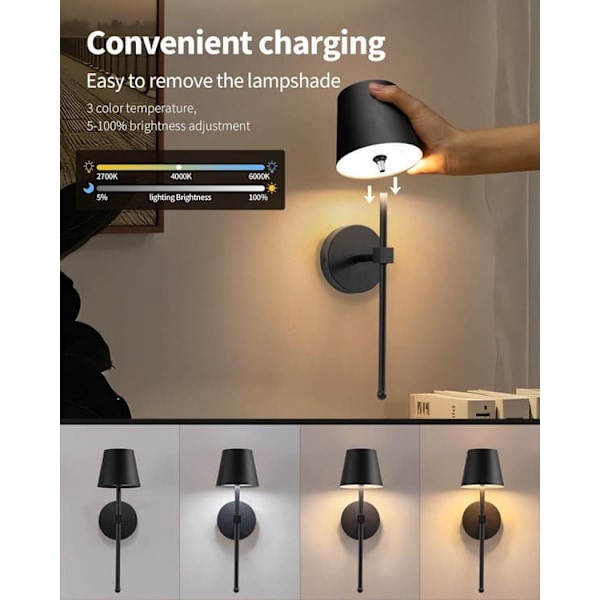 Wireless Wall Lamps 2-Pack, LED Lights with Rechargeable Battery, Stepless Dimmable with Remote Control