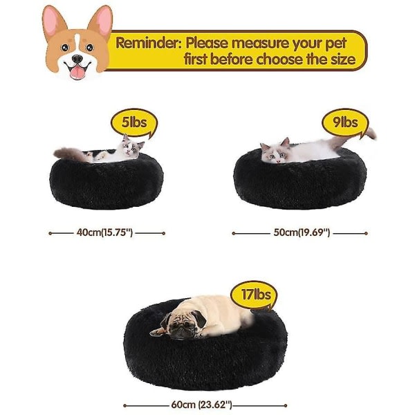 Pet Cat Bed Hund Bed, Rund Anti-slip Donut Cat Beds For Innekatter, 40 Cm 50CM svart