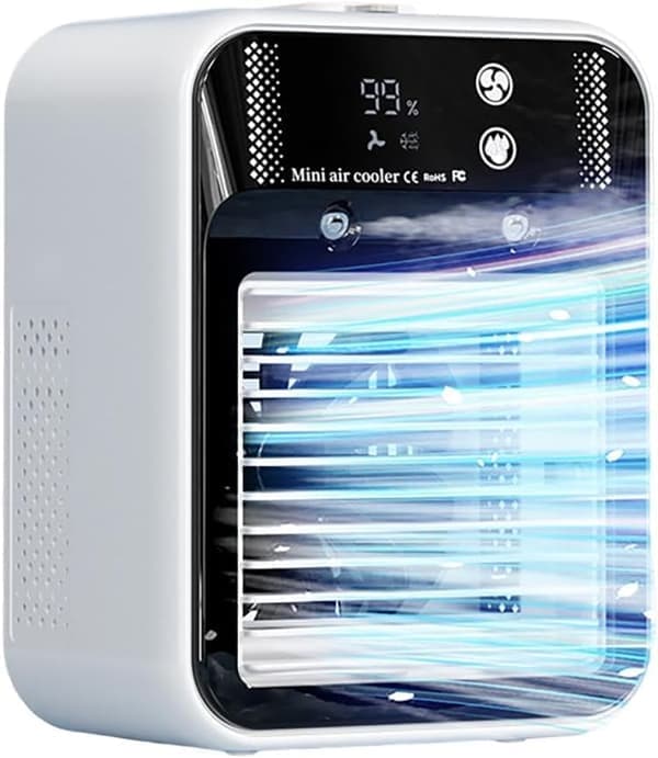 Bærbar 4-i-1 Luftkøler & Luftfugter – Mini AC med LCD-display, 2 Hastigheder, USB & Genopladelig Ventilator