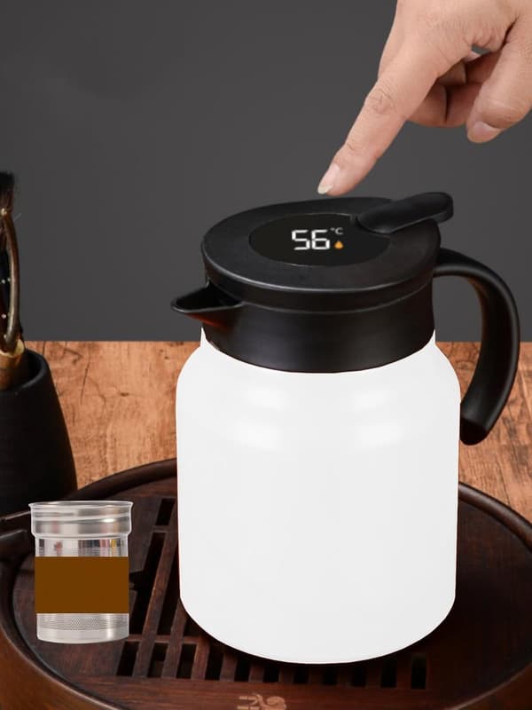 Vakuumisoleret tekande med infuser, 18/8 rustfrit stål dobbeltvægget termokande med temperaturdisplay, 1L hvid