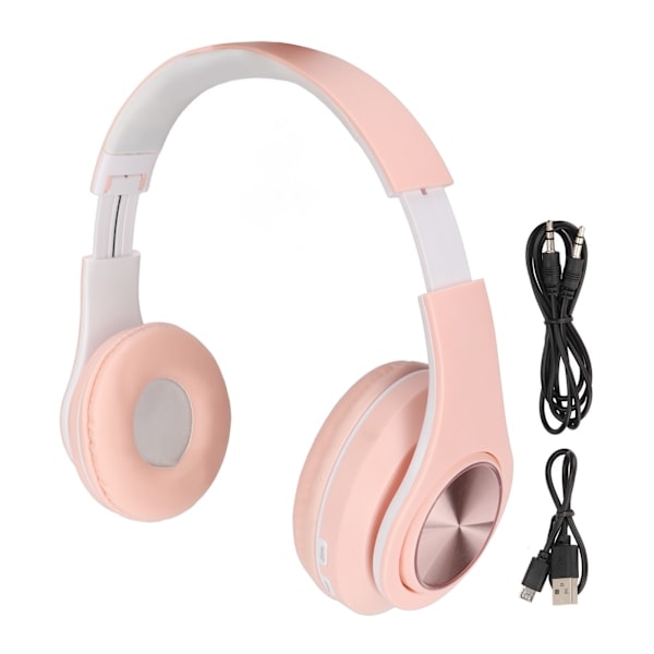 [QD] Bluetooth-headset med støyreduksjon, sammenleggbare trådløse hodetelefoner med fargerike lys for telefon, bærbar PC, rosa