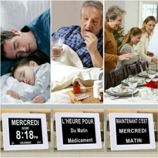 QU/Ulism 8 Tommers Digital Kalenderklokke i Ett Stykke med Dato og Tid, Alzheimers Klokke for Foreldre, Medikamentpåminnelse for Bestefar