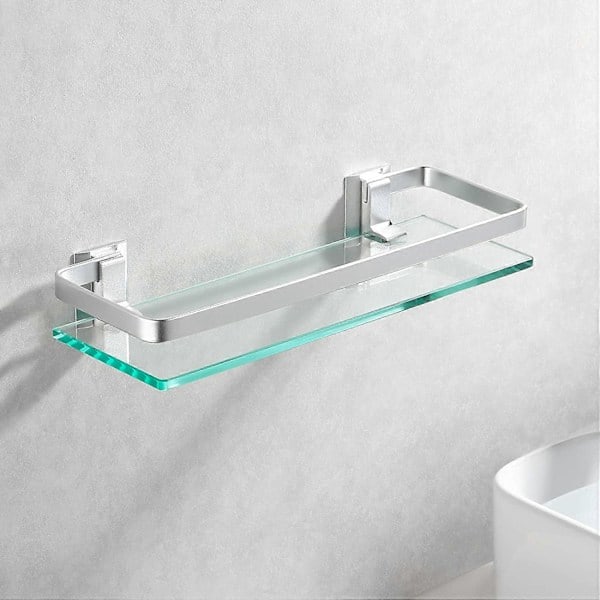 \"QD\" Badrumshylla i aluminium med härdat glas, rektangulär, 1 hylla, extra tjock, silver sandblästrad, väggmonterad