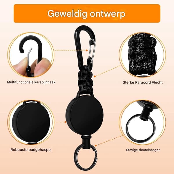 Infällbar nyckelring, karbinhake, med 60 cm stålvajer, 3-pack