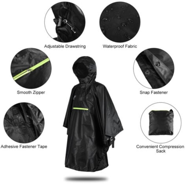 QU/Vandtæt regnponcho med refleks til mænd og kvinder, med refleksstribe, model: sort - sort