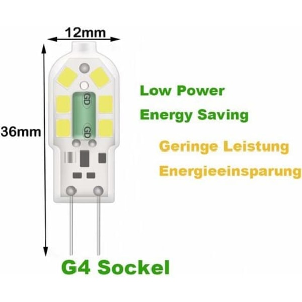 QQU-G4 2W LED-lampa, motsvarande 20W halogenlampor, kallvit 6000k, 200Lm, 12x SMD, 12V AC/DC - 10-pack [Energiklass A+]
