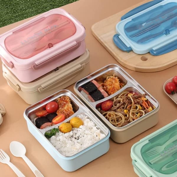 Lunchlåda RVS – 2 Fack – Med Bestick – Läcksäker – Diskmaskinsäker – Bento Box – Khaki – 21,3 x 14,5 x 7,5 cm