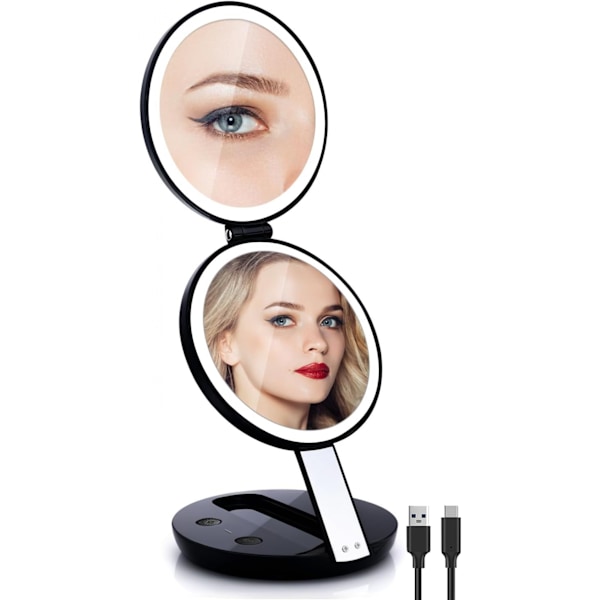 Rejsespejl med lys til rejser, 1X/5X kompakt genopladeligt makeupspejl, justerbar lysstyrke i fem niveauer, 4,5 tommer bærbar foldbar Mi