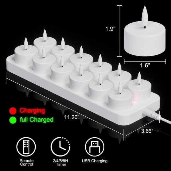 12-pack rechargeable LED candle tealights with remote control and timer without flame charge – flickering warm lights Halloween, Christmas and party decorations Vit white