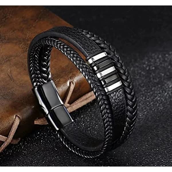 Sort læderarmbånd til mænd - Gave til mænd 23 cm