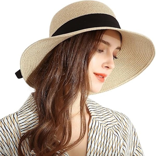 [QD] Dame solhatt i strå med bred brem, sammenleggbar strandhatt, UV UPF 50+, solhatt for kvinner, sommer, reisehatt, svart sløyfe-beige