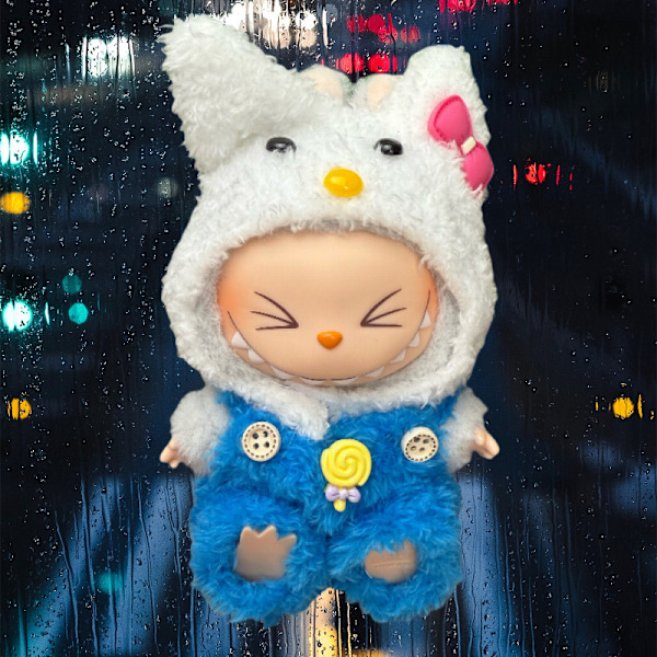 /QU/Labubu Dockkläderset - Söta Outfits för Sitting Party Series 1/2/3, Klänningar, Kjolar & Kostymer Fluffy Cat (Jumpsuit + Hat)
