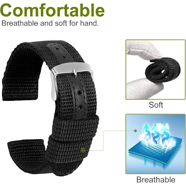 [QD] Nylon Armbandsur Canvas Ersättningsarmband Militär Armé Män Kvinnor - 22mm Rostfritt Stål Silver Spänne Armbandsur
