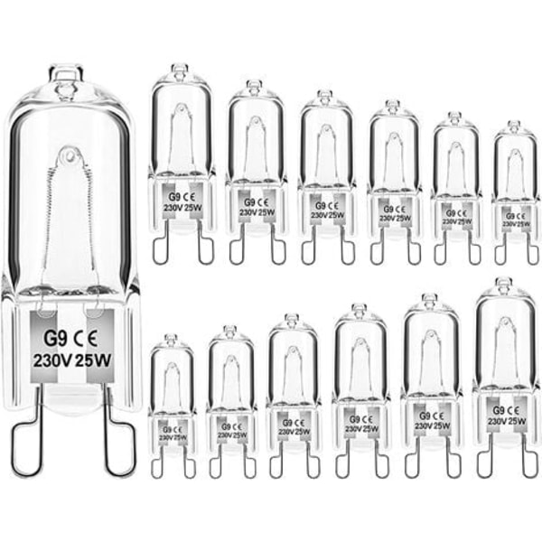 QQU-Förpackning med 12 G9 Halogenlampor Klar Kapsel Dimbar 25W 230V Varmvit för Ugn, Mikrovågsugn, Spis, Taklampor [Energiklass G]