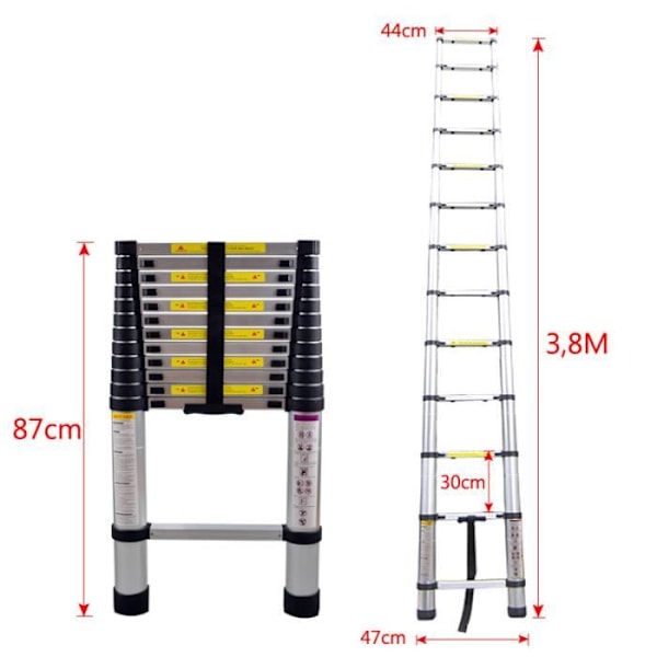 UISEBRT Teleskopstege 3.8M, Multifunktionell Utbyggbar Teleskopstege i Aluminium, Max Last 150 kg, Silver