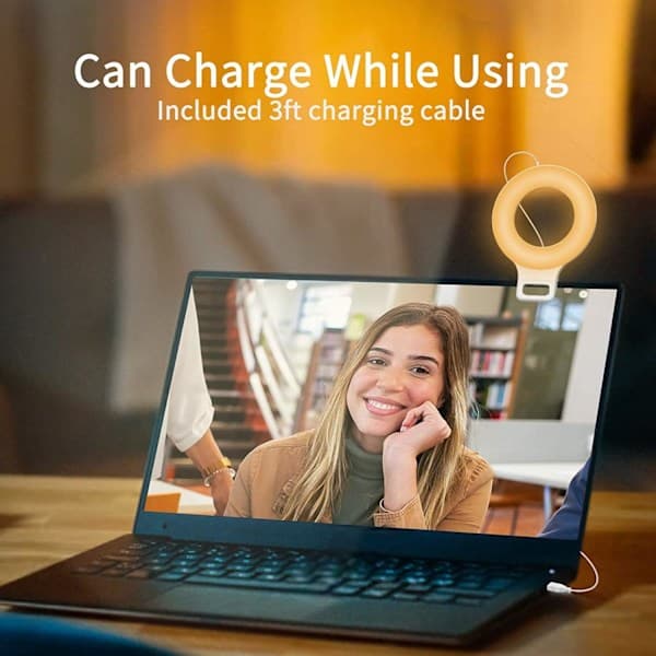 QU)Clip-on Ring Light, 60 LED Genopladelig Selfie Ring Light til Telefon, Laptop, Tablet (3 Tilstande, 5 Lysstyrkeniveauer)
