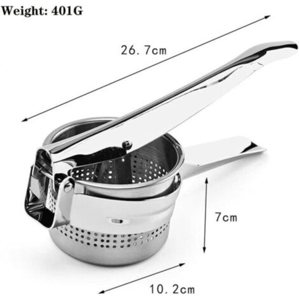 QQU-Multifunksjonell potetmoser i rustfritt stål for potetmos, frukt, grønnsaker, hvitløk og eplepresse, oppvaskmaskinsikker 26,7x10,2x7cm 001