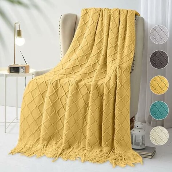 #QD#Strikkede pledd, Sengteppe med frynser Dekorativt strikketeppe 150x200cm (Gul)
