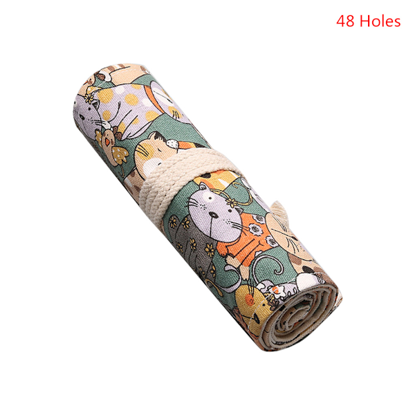 Tegneserie Katt 12/24/36/48/72 Hull Canvas Rullepenal Gardin Penneveske for Veske Sminke Wrap Holder Oppbevaringsveske