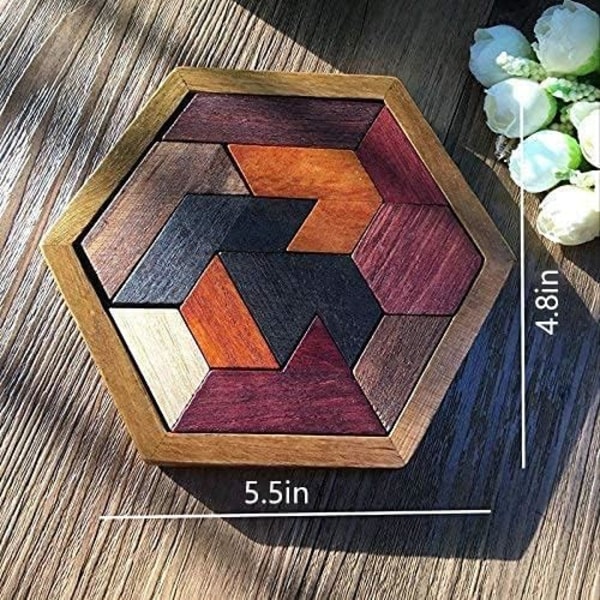 Hexagon Tangram Pussel Träpussel för Barn och Vuxna Utmanande Pussel Trä Hjärngåta Pussel för Vuxna Pussel[qu)
