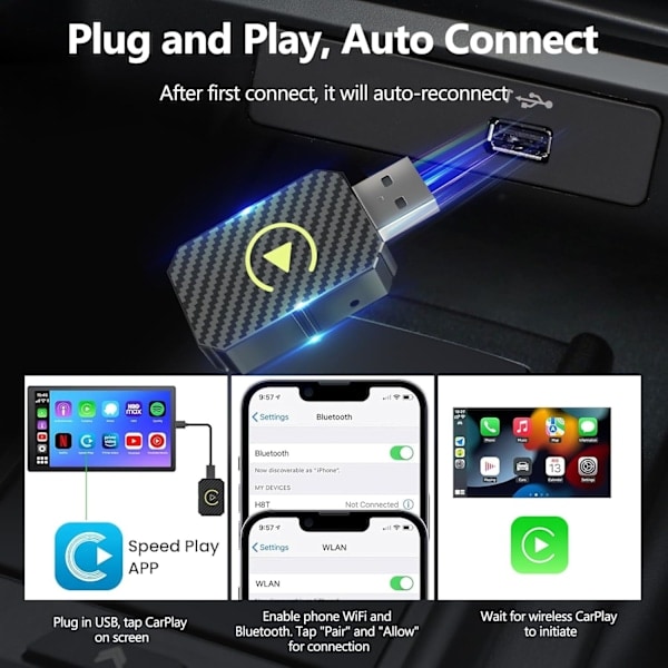 \"QD\" Trådlös CarPlay-adapter för iPhone, Plug and Play Låg Latens, Trådlös CarPlay för Bilar från 2016 och iPhone iOS 10+ (silver)