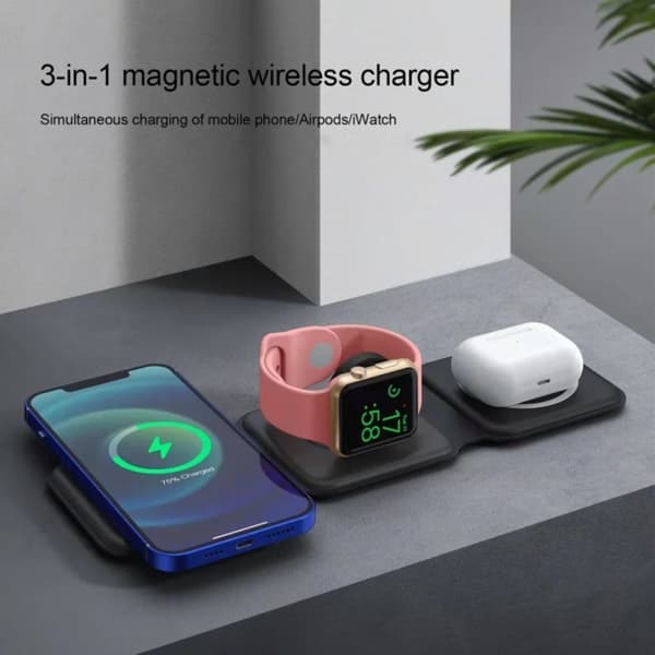 Foldbar Trådløs Mobillader 3-i-1 Magsafe Sort_qq