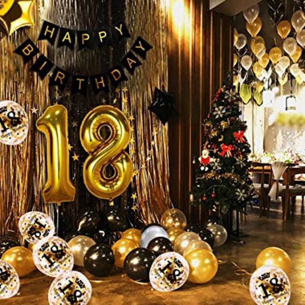 QU)18 år svart gull bursdagsdekorasjon, gratulerer med dagen banner, h