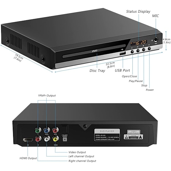 [QD] DVD-soitin televisiolle HDMI:llä, DVD-soitin, joka toistaa kaikki alueet, CD-soitin kotistereojärjestelmälle, HDMI- ja RCA-kaapeli mukana