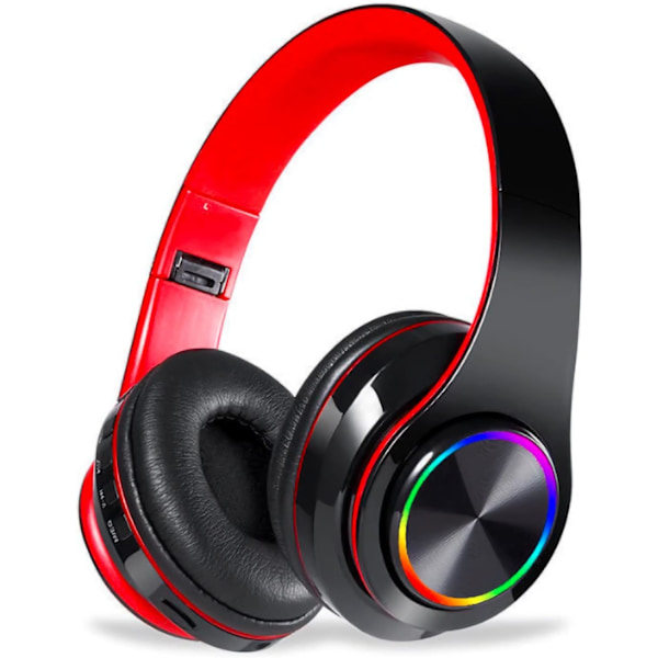 [QD] Trådlösa Bluetooth-hörlurar - Färgglada lampor/Hopfällbara/Stor batterikapacitet/Inbyggd mikrofon - Bluetooth 5.0/10 m räckvidd Svart och röd