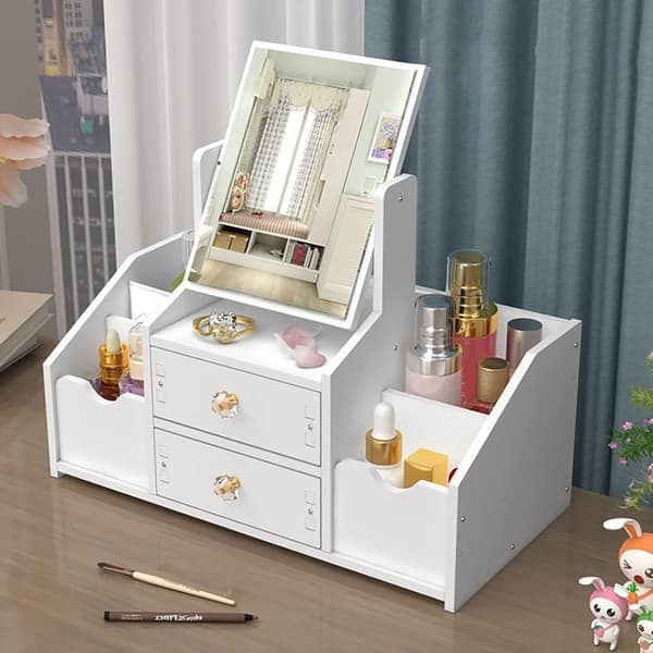 Makeupspejl - Opbevaringsboks til makeup i skuffeformet stil med makeupbord - Stor kapacitet - Hvid