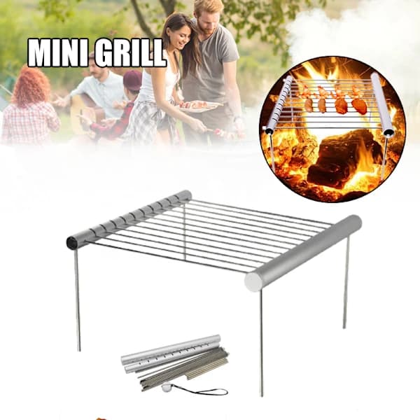 Bærbar Campinggrill Sammenklappelig 304 Rustfrit Stål Mini BBQ Grill til Backpacking Vandring Baghave Udendørs Madlavning Sølv First Generation