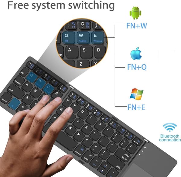 Foldbart Bluetooth-tastatur med touchpad, trådløst genopladeligt mini-rejsetastatur til bærbar computer, tablet og smartphone, lommestørrelse, sort