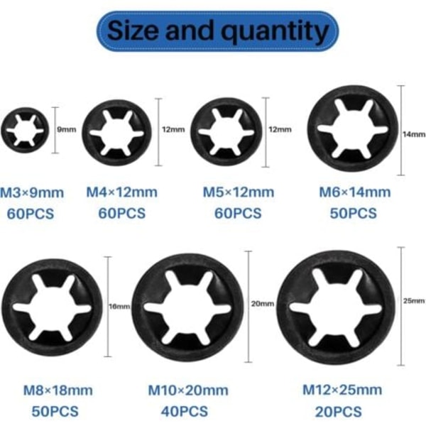 #QD#340 stk M3/M4/M5/M6/M8/M10/M12 Låseskiver med æske Starlock indvendige tænder Låseskiver Sikkerhedsskiver Sortiment Sort