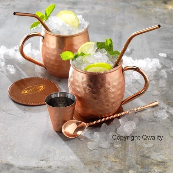 Qwality Moscow Mule Krus Sæt, 500 ml hamret rustfrit stål kobber cocktailkopper med 2 sugerør og coasters, gave til mænd og kvinder