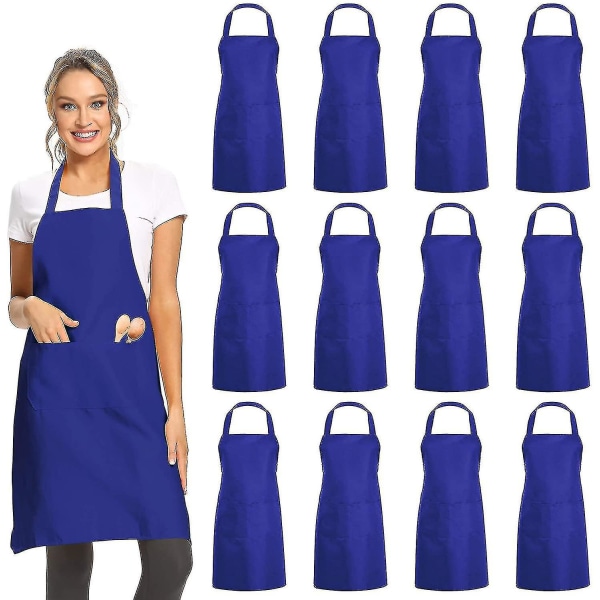 12-pack enkla haklappsförkläden med 2 fickor - blå unisex kommersiellt förkläde Bulk för kök Matlagning Restaurang Grillmålning Hantverk Blue