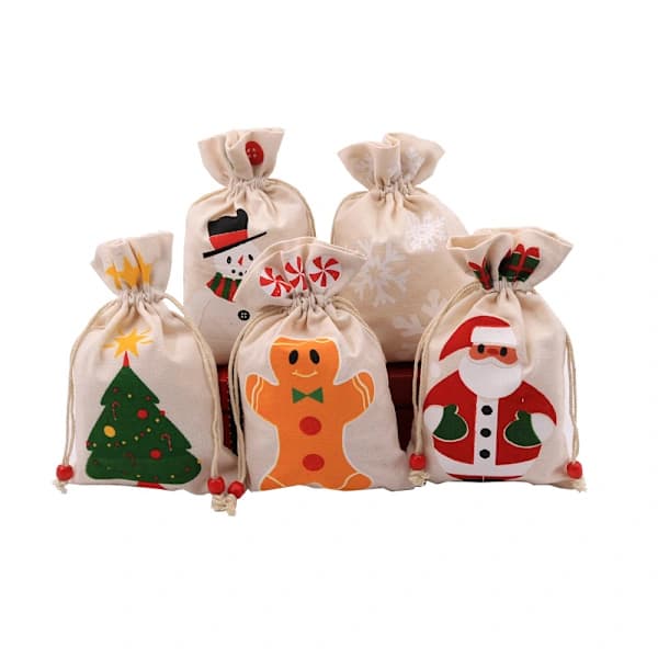 Jutesäckar för julklappar, 5-pack med julmotiv, träpärlor