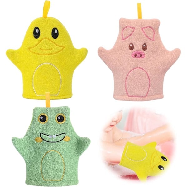 \"QD\" Set of 3 Baby Bath Mitts, Animal Design, Bath Time Fun, for Babies and Toddlers 0+ Months
