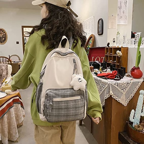 Kawaii ryggsäck med hänge Söta rutig ryggsäckar (grå)