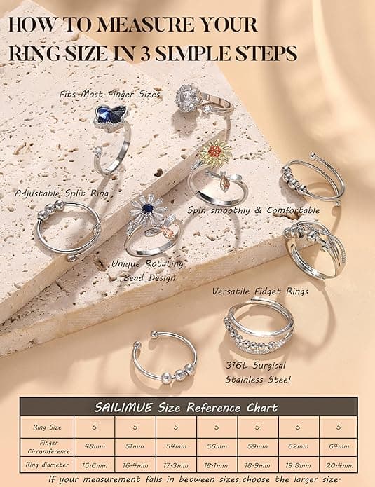 Ring for Kvinder Mænd Spinner Fidget Ringe mod Angst Justerbare Åbne CZ Blomst Perle Stresslindrende Snurrende Roterbare Ringe 9 stk Silver - C