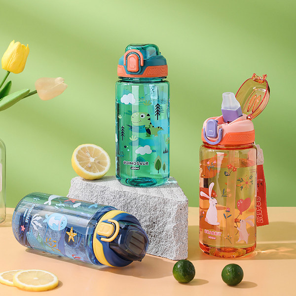 QU)Lasten juomapullo 600ml silikonipillillä ja dinosauruskuviolla, läikkymätön, ympäristöystävällinen muovi kesään Verde 600ML