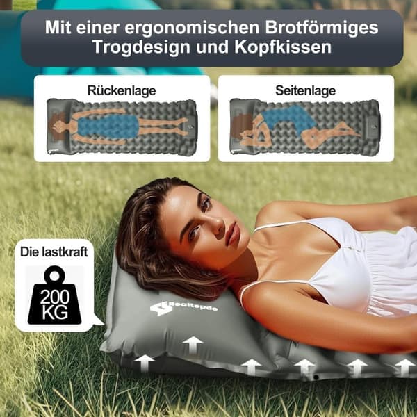 Oppblåsbart liggeunderlag for camping og fotturer, grå