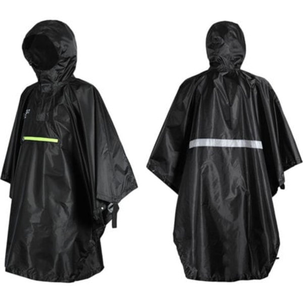 QU/Vandtæt regnponcho med refleks til mænd og kvinder, med refleksstribe, model: sort - sort