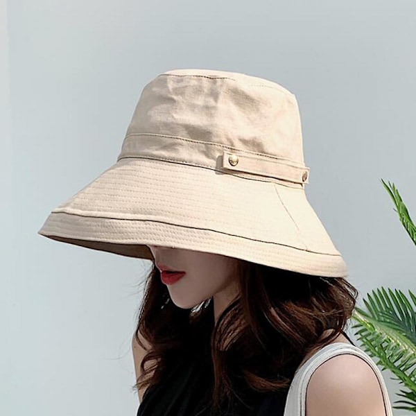 Solhatter for kvinner i bomull med bred brem UPF50+ UV Pakkbar Strandhatt Sommer Bøttehatt for Reiser, Beige