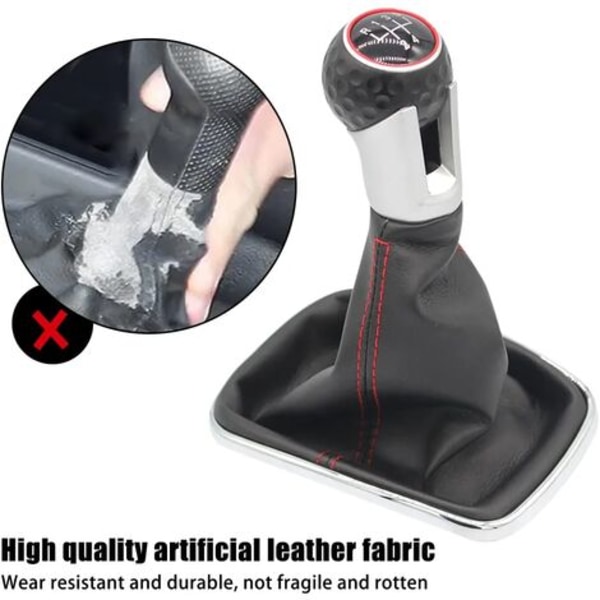 #QD# 5-växlad växelspaksknopp med damask kompatibel med VW Golf 4 IV 1J0711113, Ø 12 mm svart röd söm, plug-and-play reservdel