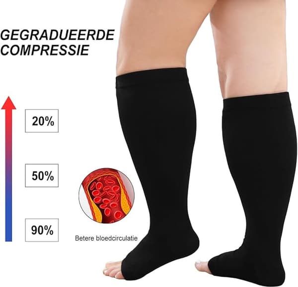 Åbne kompressionsstrømper til kvinder og mænd, 3XL bred læg nylon spandex støttestrømper til løb, rejser, flyvning og sygepleje, sort