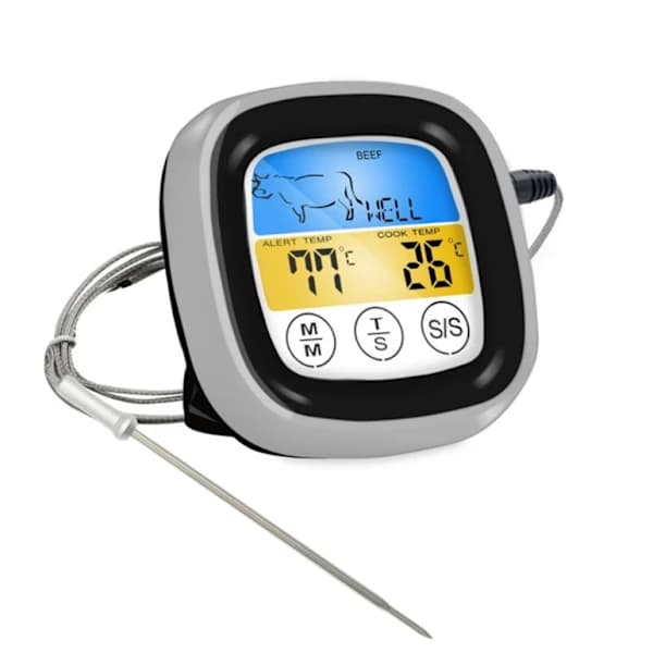 Digital kötttermometer med sond, bakgrundsbelyst LCD-pekskärm, timerlarm för ugn, grill, matlagning, svartgrå