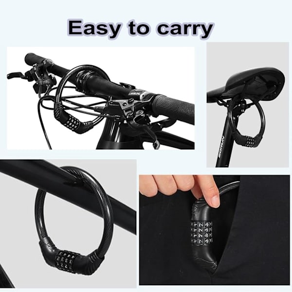 QU) Cykelkabellås, 4-cifret nulstilleligt kombinationslås 40 cm 2 stk. - Sort