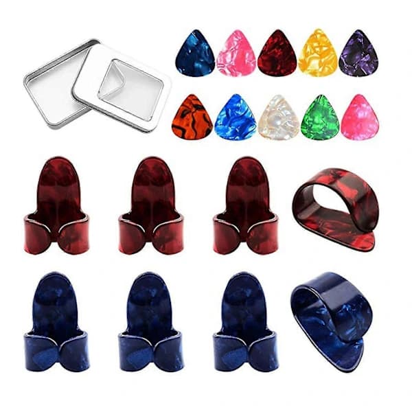 Guitar Pick Kit with Storage Box - 10 Celluloid Picks + 6 Finger Picks + 2 Thumb Picks